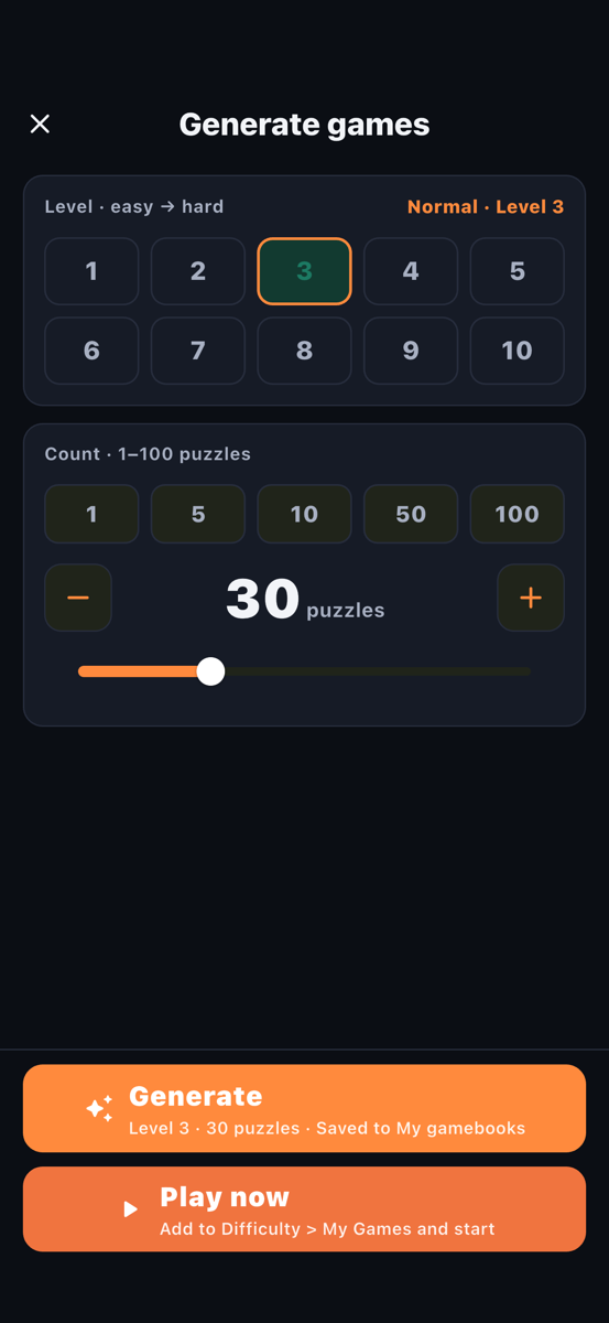 9×9 classic — generate 1–100 puzzles at any difficulty